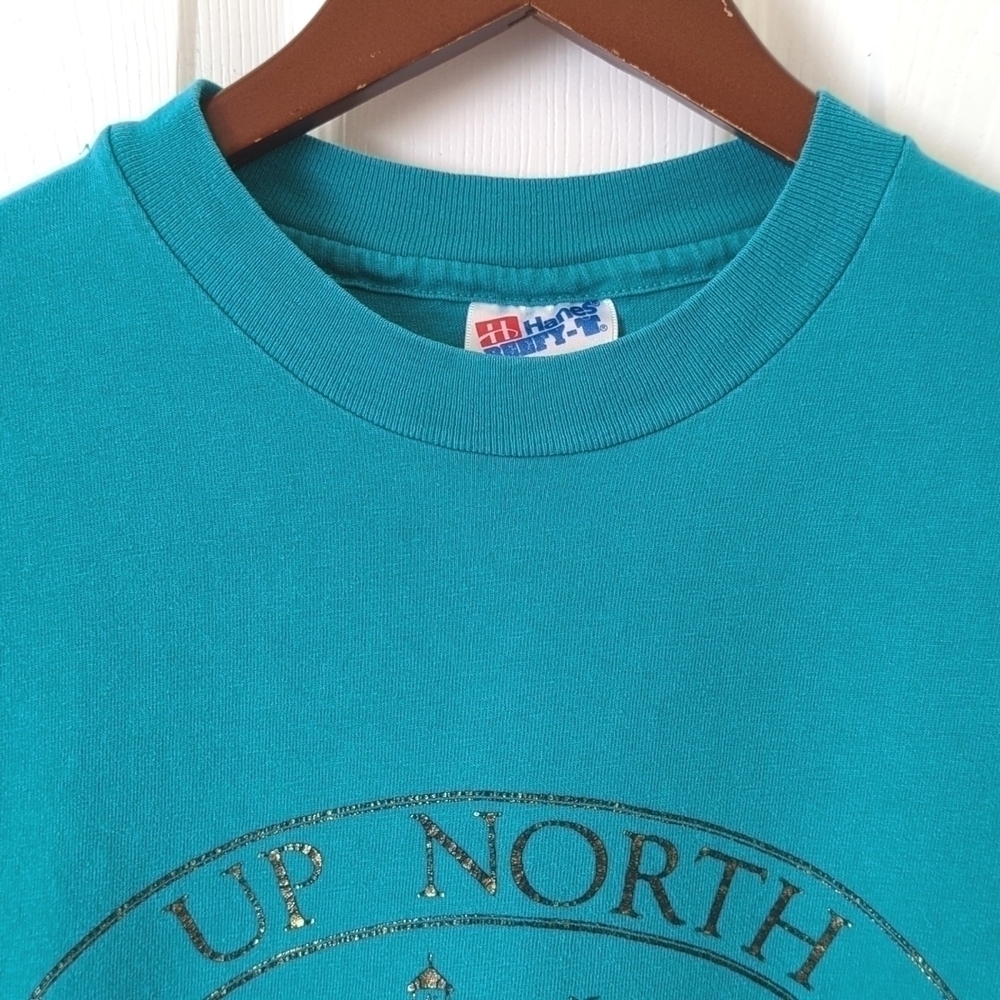 Hanes 90's Vintage Up North Michigan Graphic Short Sleeve Crewneck T-shirt Teal - Picture 2 of 9